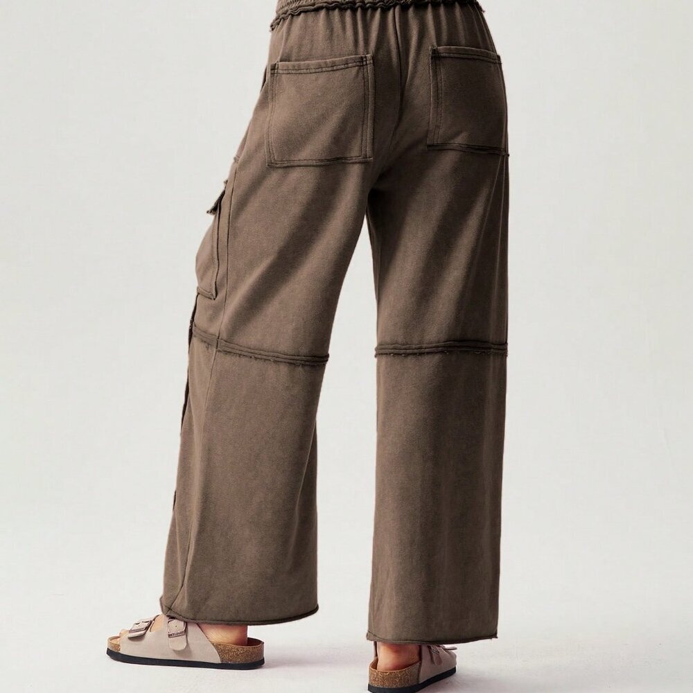 Coffee Brown Casual Women's Vacation Knit 3d Pocket Wide Leg Pants - Picture 3 of 8